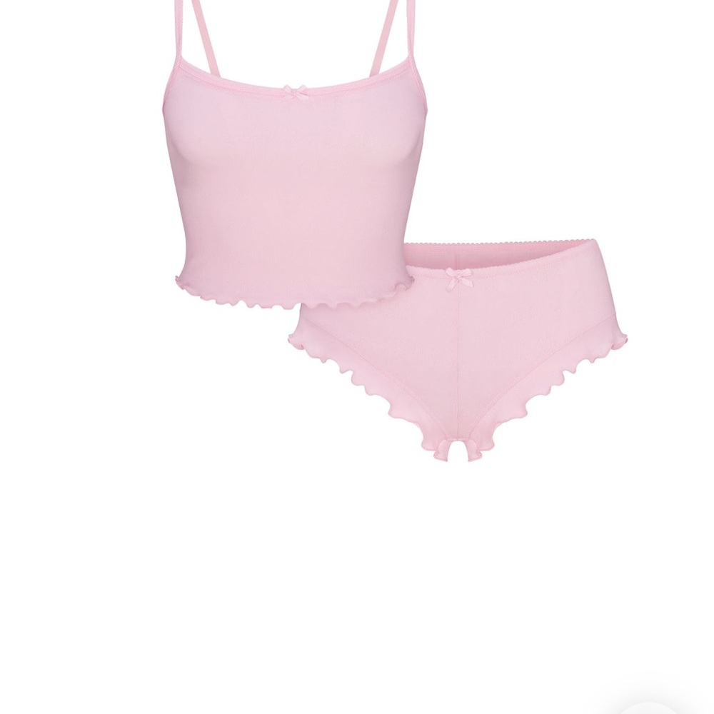 SKIMS Light Pink logo pointelle cami and shorts